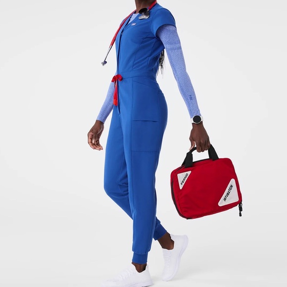 FIGS- Jane V-Neck Jogger ScrubJumpsuit in winning blue - Picture 7 of 9